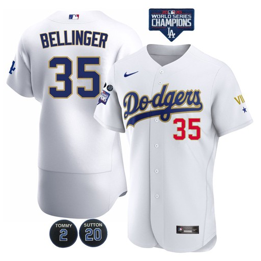 Men's Los Angeles Dodgers #35 Cody Bellinger White Gold MLB Championship Flex Base Sttiched Jersey